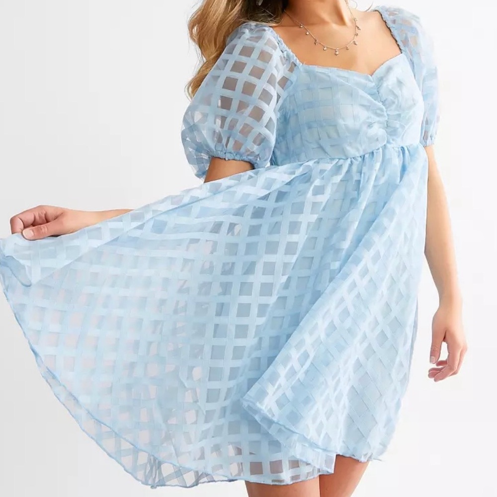 Light Blue Gingham Babydoll Mini Dress